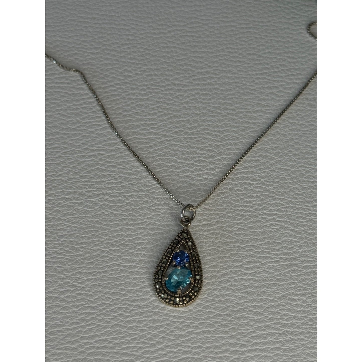 925 Sterling Silver Topaz & Sapphire & Marcasite Necklace Length 15.5 inch