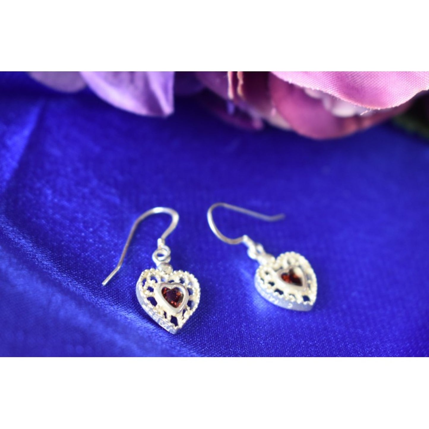 925 Sterling Silver Garnet "Hearts" Earrings