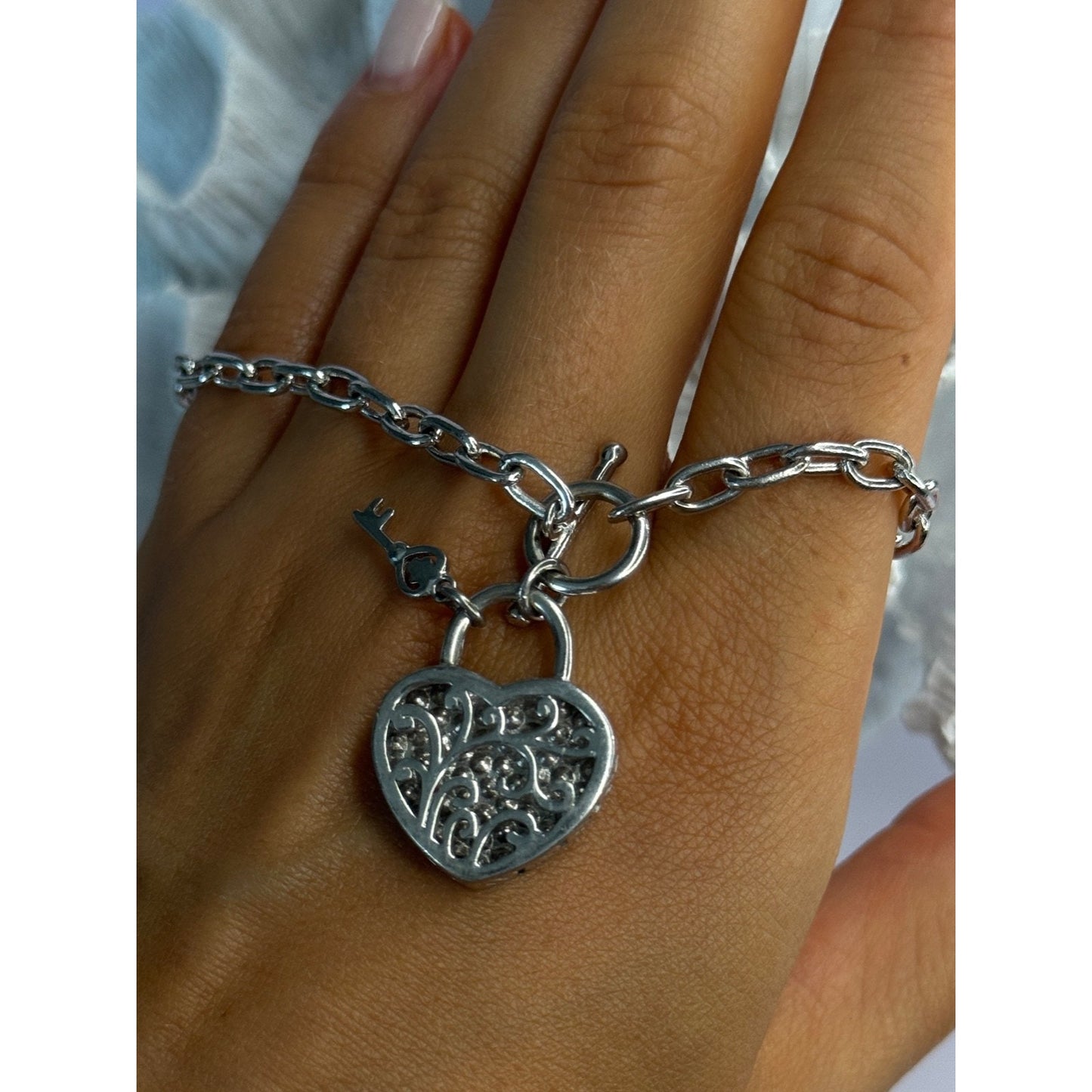 925 Sterling Silver Heart & Key Cz Bracelet Length 7.5
