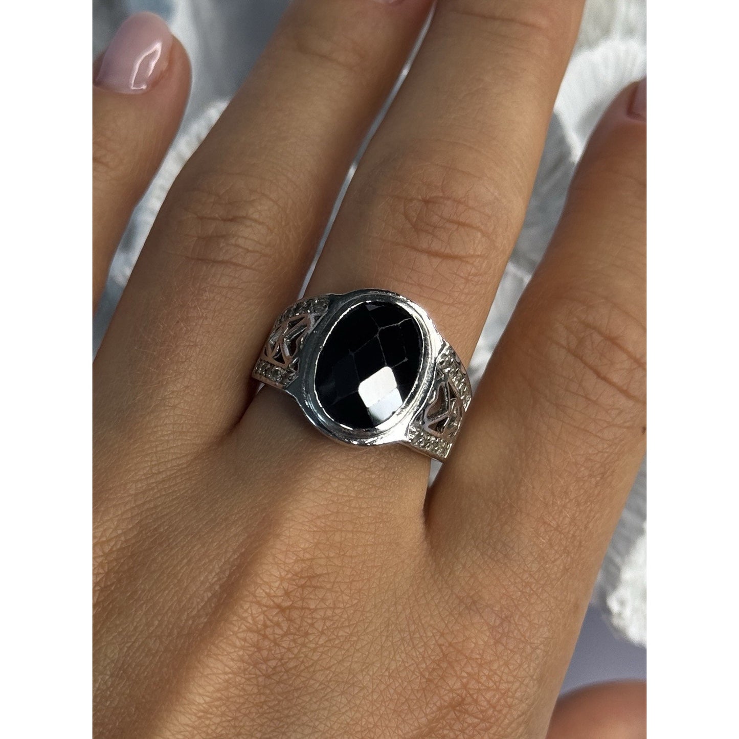 925 STERLING SILVER ONYX & BERYL RING SIZE 9