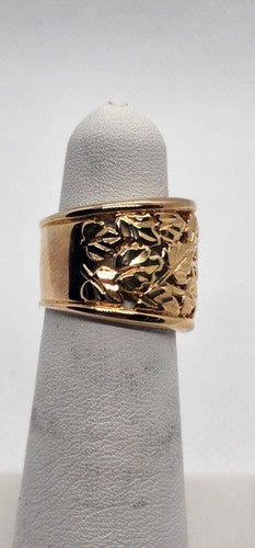 925 Sterling Silver Gold Plated Porous Foliated Design Ring Size 4.5