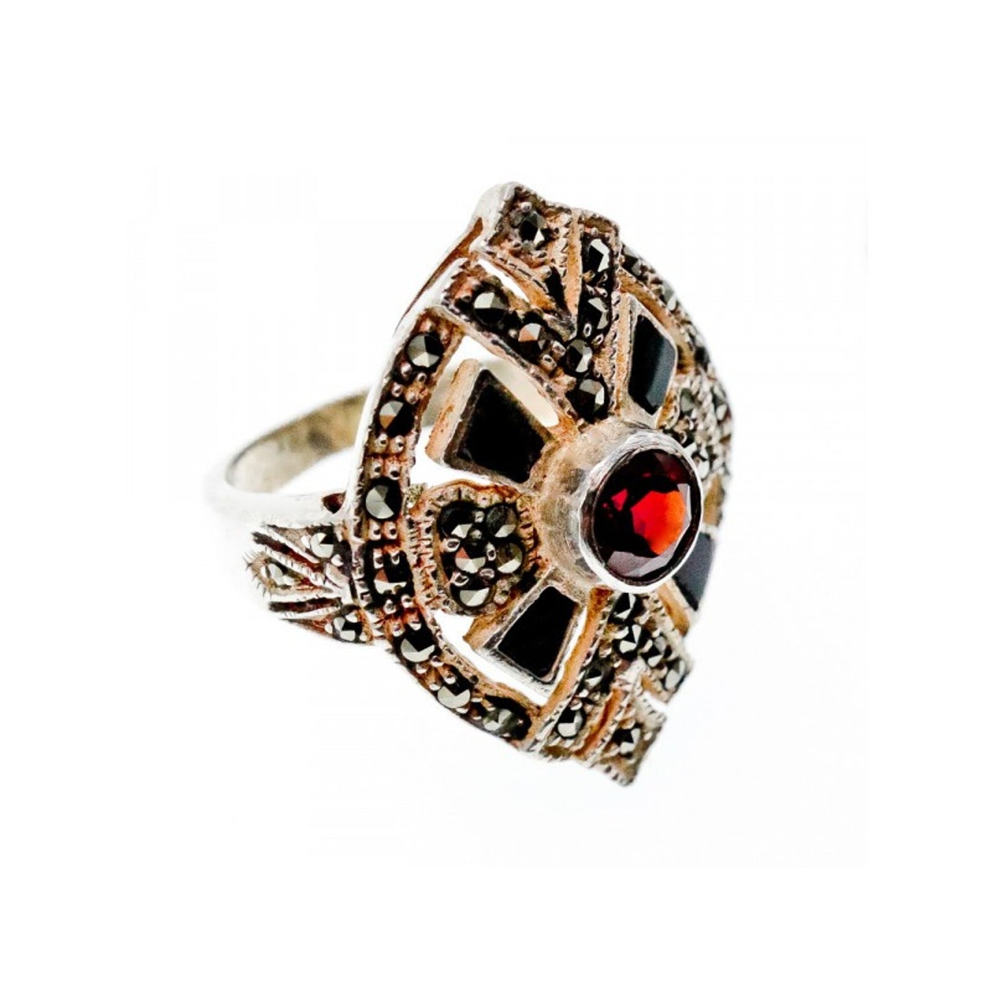 925 STERLING SILVER SPESSARTINE, BLACK NEPHRITE & MARCASITES RING SIZE 6.5