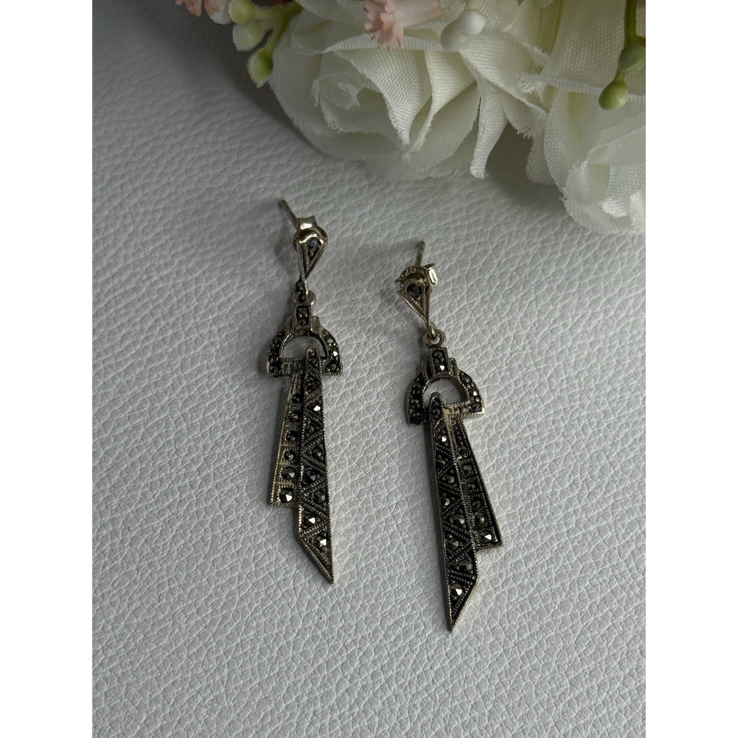 ELEGANT 925 STERLING SILVER MARCASITE EARRINGS LENGTH 1.80 INCH