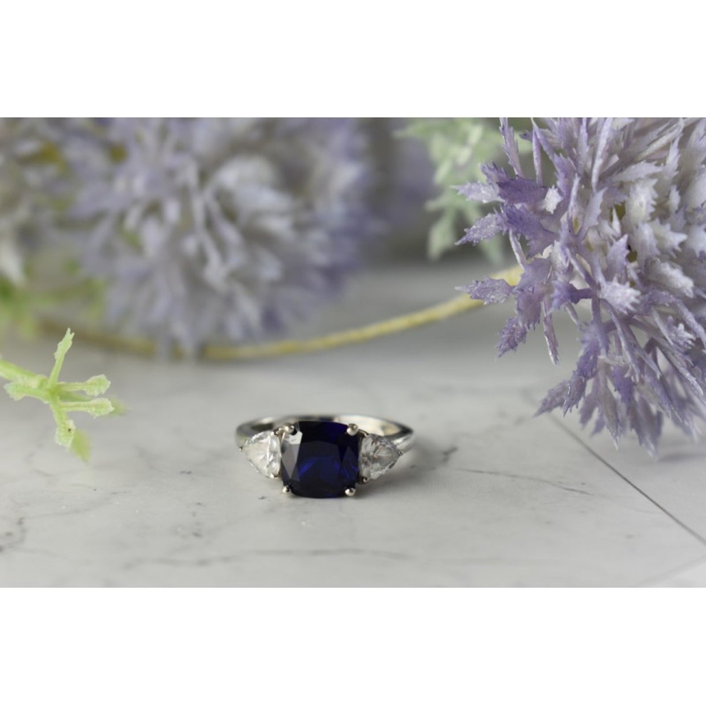 925 STERLING SILVER SAPPHIRE & CZ RING SIZE 6.5