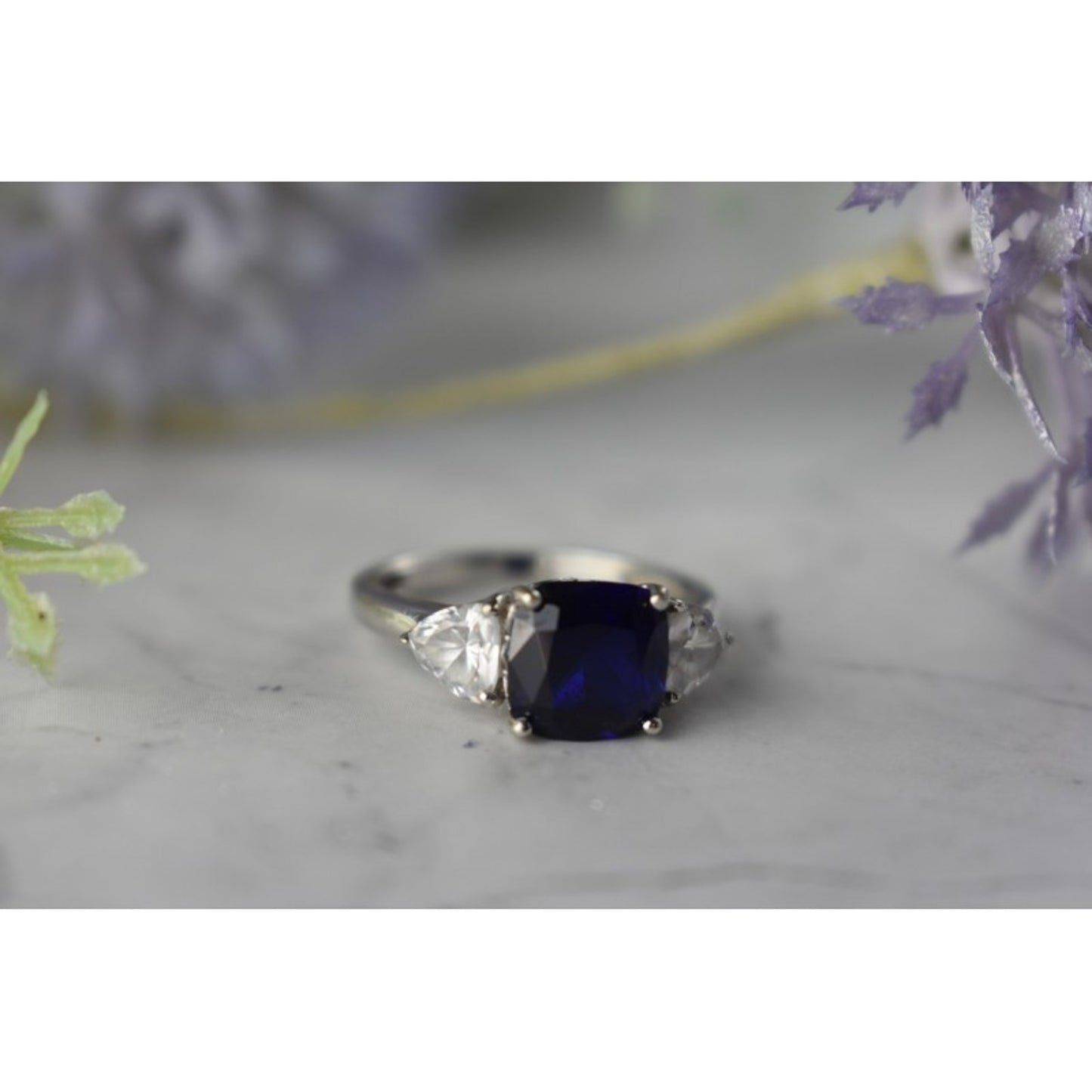 925 STERLING SILVER SAPPHIRE & CZ RING SIZE 6.5