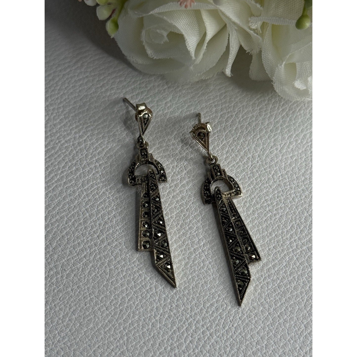 ELEGANT 925 STERLING SILVER MARCASITE EARRINGS LENGTH 1.80 INCH