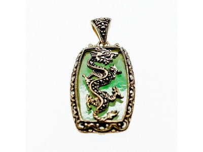 925 Sterling Silver Nephrite & Marcasites Dragon Pendant
