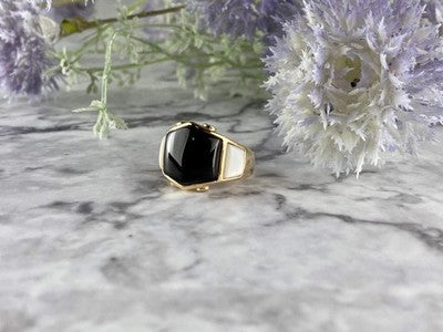 925 Sterling Silver Gold Plated Black Jade, Mother Of Pearl & CZ Ring Size 7