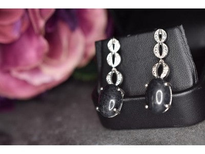 925 Sterling Silver Black Tourmaline & Clear Quartz Inlays Stud Earrings