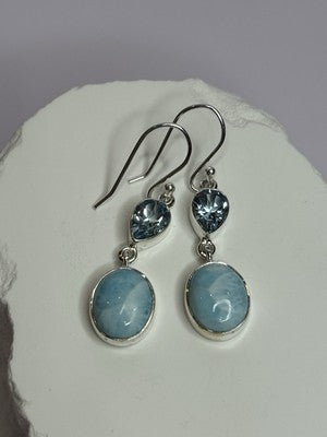 925 Sterling Silver Larimar & Topaz Earrings Length 1.7 Inch