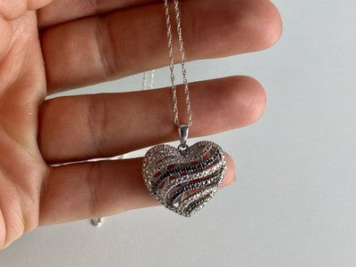 925 Sterling Silver White & Black CZ Heart Chain With Pendant