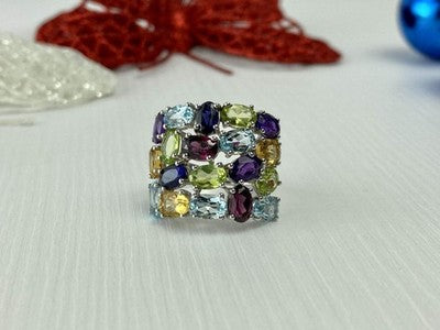 925 Sterling Silver Multi Gemstones Ring Size 6.5