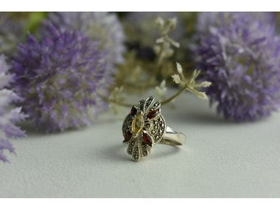 925 Sterling Silver Heliodor, Almandine & Marcasites Ring Size 8
