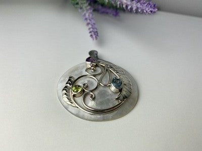 925 Sterling Silver Topaz, Amethyst, Peridot, Mother OF Pearl Pendant