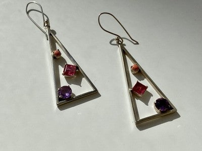 925 Sterling Silver Morganite, Iolite & Agate Earrings