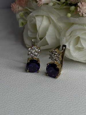 925 Sterling Silver Purple Crystal & CZ Earrings Length 0.70 Inch