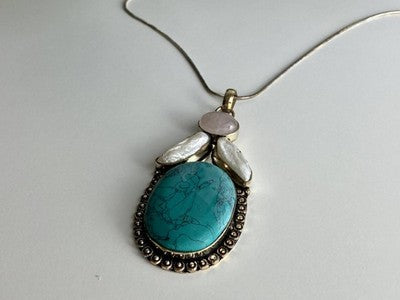 925 Sterling Silver Turquoise, Rose Quartz and Baroque Pearl Chain with Pendant