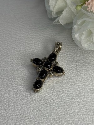 925 Sterling Silver Onyx Turquoise Agate Cross Length 1.60 Inch