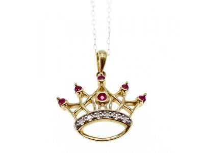 10K Yellow Gold Rubies & Diamonds Crown Chain With Pendant