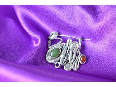 Vintage 925 Sterling Silver Green Jade & Red Carnelian Brooch