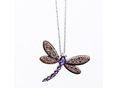 10K White Gold Tourmaline & Diamonds Dragonfly Necklace & Pendant