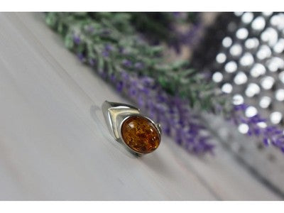 925 Sterling Silver Amber Ring Size 8.5