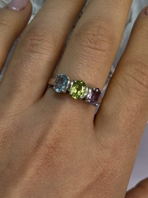 925 Sterling Silver Topaz Peridot Amethyst Ring Size 8.5