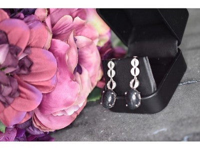 925 Sterling Silver Black Tourmaline & Clear Quartz Inlays Stud Earrings