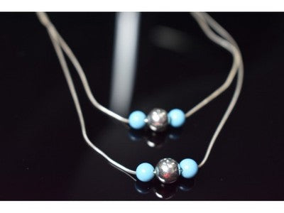 925 Sterling Silver Turquoise Imitation Necklace From two Chains Italy