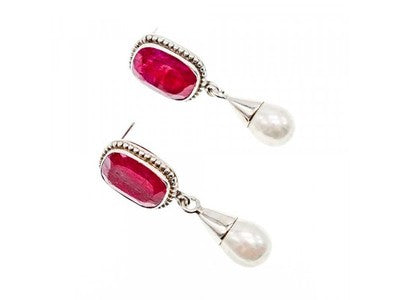 Vintage 925 Sterling Silver Ruby & Pearls Stud Earrings