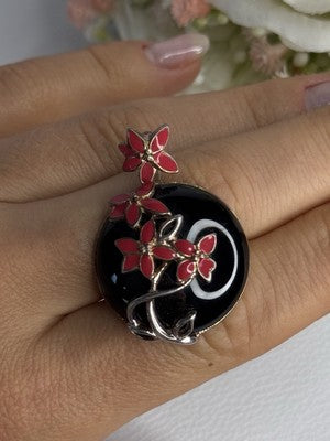 925 Sterling Silver Black Onyx & Red Enamel Flowers Pendant Length 1.40 Inch