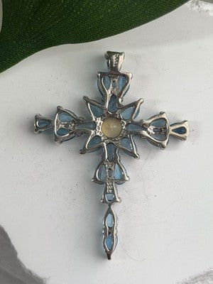 925 Sterling Silver Blue Topaz & Opal Pendant Cross