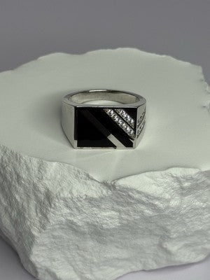925 Sterling Silver Black Enamel & CZ Men'S Ring Size 11