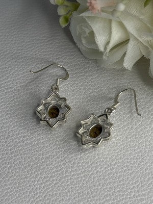 925 Sterling Silver Hessonite & Marcasite Earrings Length 1.10 Inch