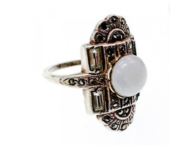 Vintage 925 Sterling Silver Agate, Goshenite & Marcasites Ring Size 5.5