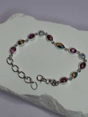 925 Sterling Silver Oyster Turquoise & Topaz Bracelet Length 6-8 Inch