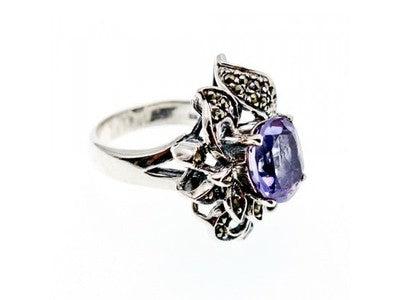925 Sterling Silver Amethyst & Marcasites Ring Size 7