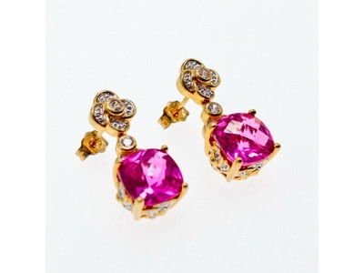 925 Sterling Silver Gold Plated Pink Topaz & CZ Stud Earrings