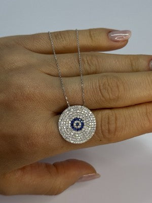 14K WHITE GOLD NECKLACE WHITE & BLUE CRYSTALS LENGTH 17 INCH