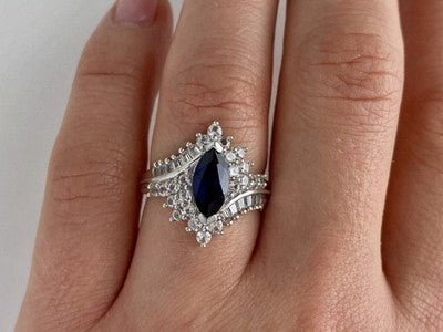 925 Sterling Silver Sapphire & CZ Ring Size 6.5
