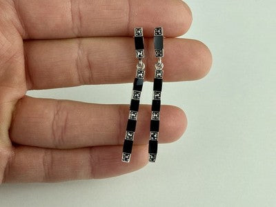 925 Sterling Silver Black Nephrite & Marcasites Earrings