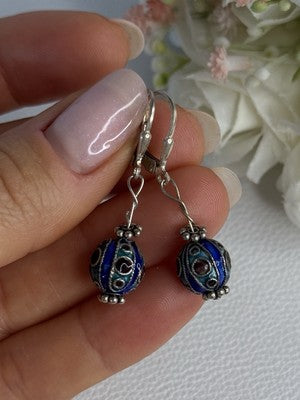 Antique Art Deco 925 Sterling Silver Unique Enamel Earrings Length 1.50 Inch