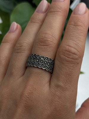 Vintage Art Deco Style 925 Sterling Silver Marcasite Band Ring Size 9