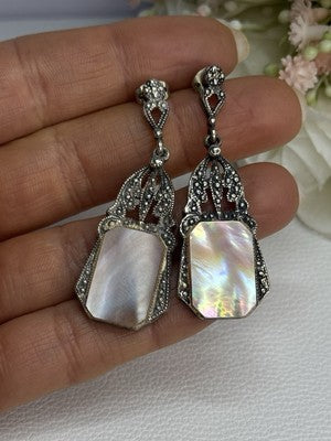 Vintage 925 Sterling Silver Abalone Earrings Length 2 Inch
