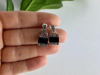 925 Sterling Silver Black Nephrite & Marcasites Earrings