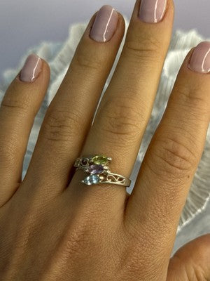 925 Sterling Silver Peridot, Amethyst & Topaz Ring Size 8