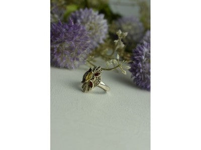 925 Sterling Silver Heliodor, Almandine & Marcasites Ring Size 8