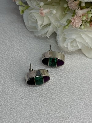 Vintage 925 Sterling Silver Onyx Malachite Agate Earrings Length 0.75 Inch
