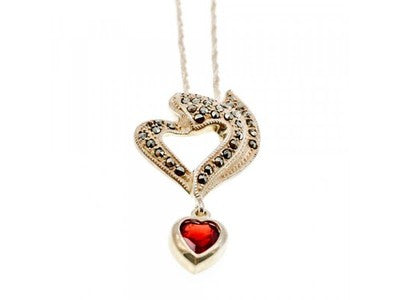 925 Sterling Silver Almandine & Marcasites Chain With Pendant