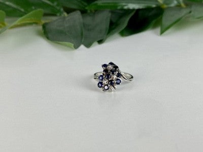 925 Sterling Silver Sapphire & CZ "Flowers" Ring Size 6.75